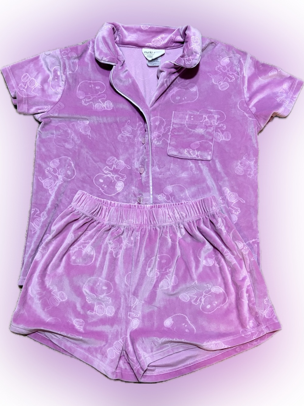 Peanut Characters Pink Crushed Velvet Short Sleeve Pajama Set with Shorts